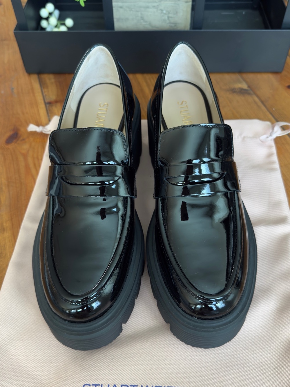 Stuart Weitzman Black Patent Leather Penny Loafers